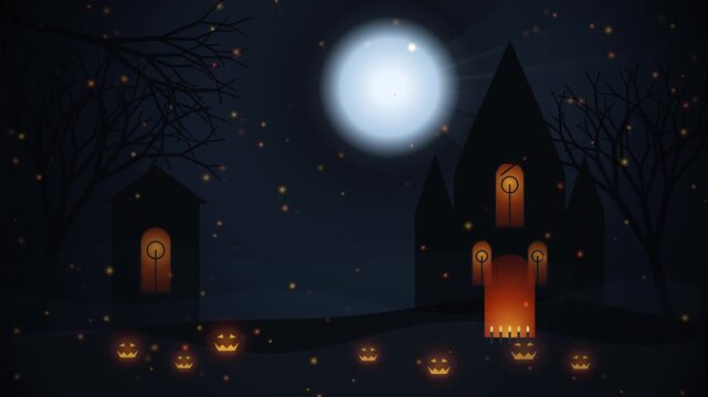 Spooky haunted house with glowing jack o lantern pumpkins at night under a full moon with bare trees and dark blue sky for a festive halloween holiday celebration 4k Motion Video