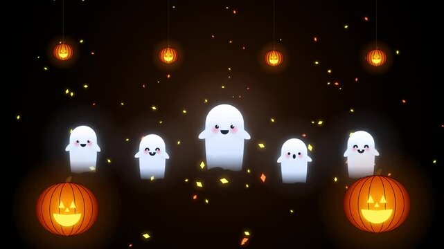 Cute little ghosts flying with glowing orange jack o lantern pumpkins and hanging lights in a dark night sky for a fun halloween celebration background illustration 4k Motion Video