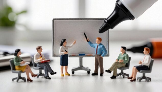 Miniature model group people meeting room there men women all dressed business attire sitting chairs whiteboar