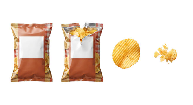 Two potato chip bags with golden savory chips on white background snack bag crispy chips packaged food white background