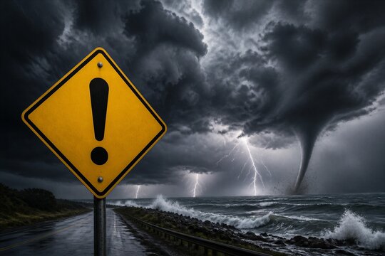 Stormy sky looms over turbulent sea and road. Yellow warning sign stands bold against dark clouds. Lightning flashes as tornado swirls in distance. Waves crash violently against jagged rocks