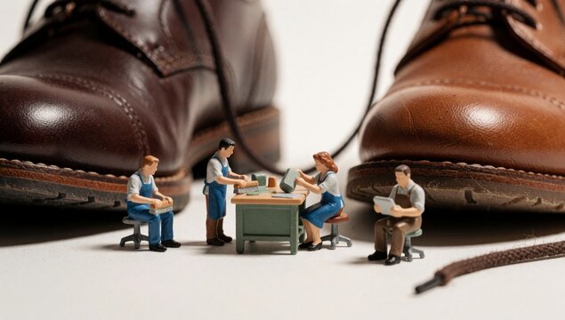 Group miniature figurines people working together workshop there men women sitting desk computer covered green