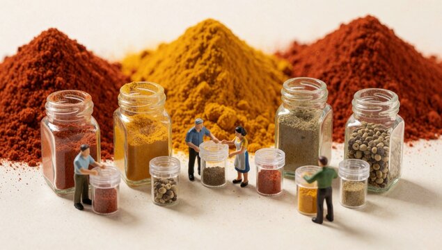 Group miniature people standing front pile spices there glass jars different sizes colors each containing type