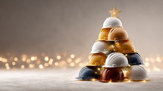 Hard hats stacking in christmas tree shape, symbolizing holiday spirit, construction industry celebrations, and seasonal safety awareness for workers