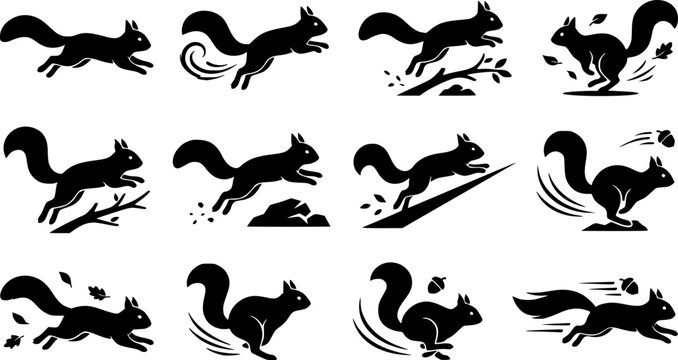 Dynamic Running Squirrel Silhouette Vector Set with Multiple Action Poses and Decorative Elements