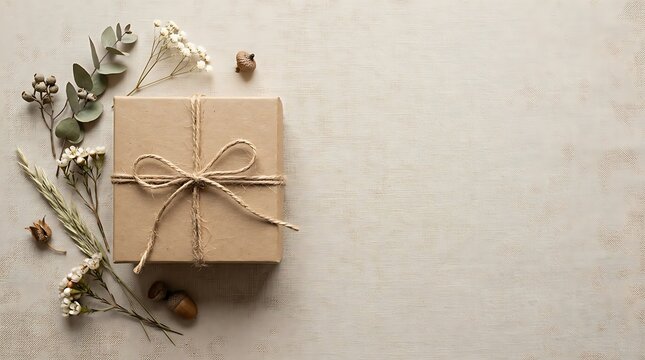 A beautifully presented gift box adorned with delicate dried flowers and ribbon rests on a textured neutral toned surface evoking feelings of warmth and celebration