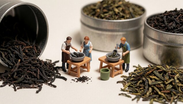 Miniature figurines people men woman standing front large metal tins filled black tea leaves placed white surf