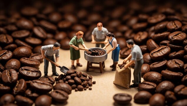 Group miniature people working coffee shop there men women all dressed casual clothes standing large metal pot