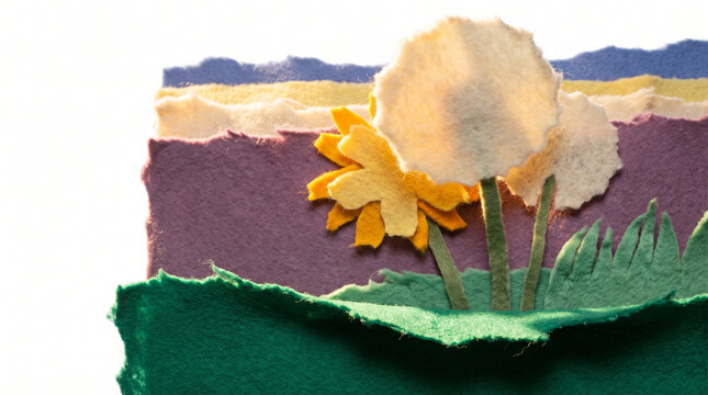Bird singing on a colorful tree branch in a playful textile collage  
