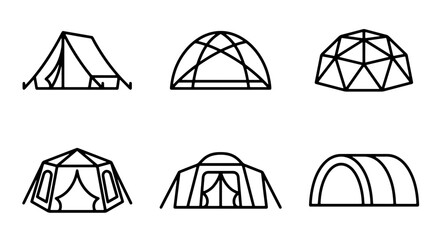 Diverse Tent Icons Set, Camping Shelters, Outdoor Domes, Glamping Structures, Vector Graphics © Jahid
