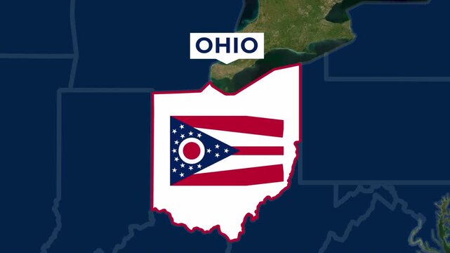 Satellite map animation of Ohio, USA. Blinking territory, state flag, pinned name, animated outline of the border. Concept for broadcast, social media, education.