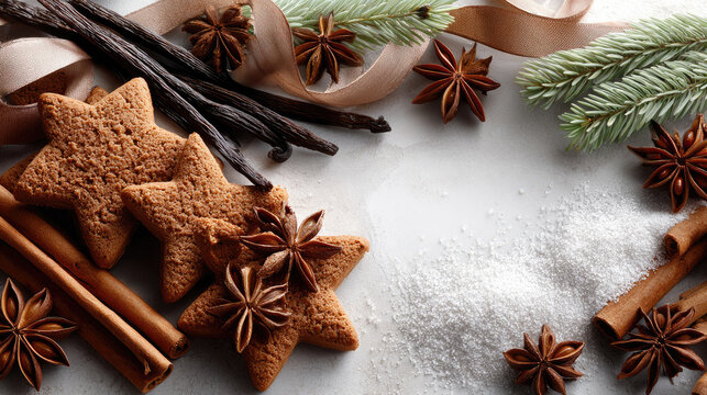 Festive holiday border of star-shaped gingerbread cookies, vanilla pods, cinnamon sticks, star anise and fresh fir sprigs on white background with scattered sugar and copy space