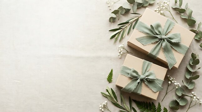 A beautifully presented gift box adorned with delicate foliage and ribbons suggests a thoughtful present for a special occasion evoking feelings of joy and anticipation