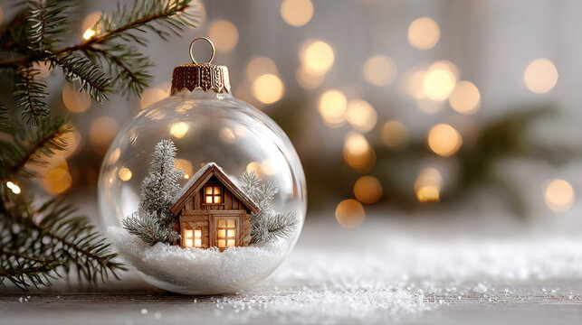 Transparent christmas ornament showcasing a cozy, illuminated miniature house in a snow-covered landscape, representing warmth, home dreams, and holiday aspirations