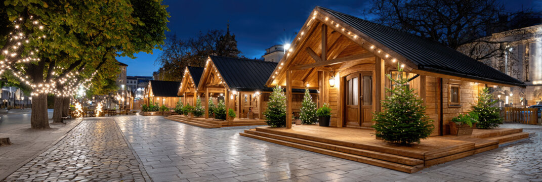 Christmas market street with charming wooden cabins and glowing festive trees, creating a warm, inviting winter wonderland ambiance at dusk, attracting visitors for seasonal shopping
