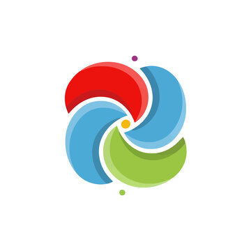 Abstract swirling logo with red, blue, and green elements