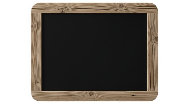 A blank chalkboard with weathered wooden frame featuring natural grain. The dark surface is empty and ready for writing. Perfect for educational settings, restaurants, cafes, or home decor.