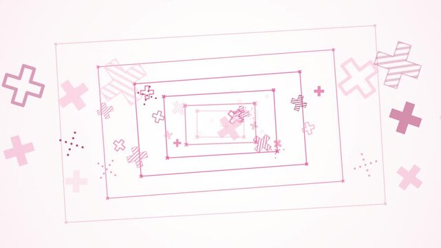 Minimalist Pink Geometric Motion Graphic with Rotating Rectangular Frames and Plus Symbols