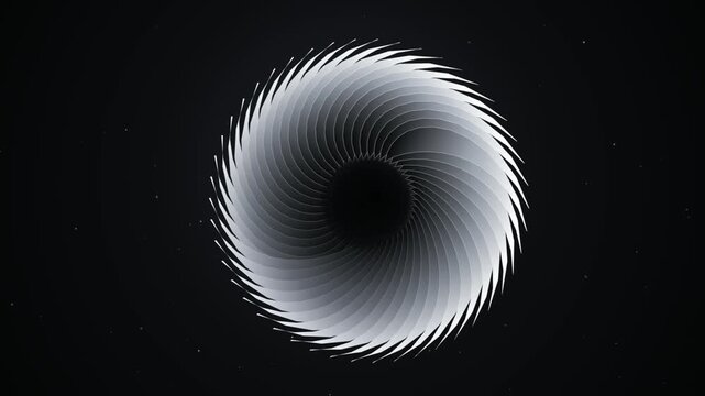 Monochrome spinning saw blade optical illusion vortex animation on black space background