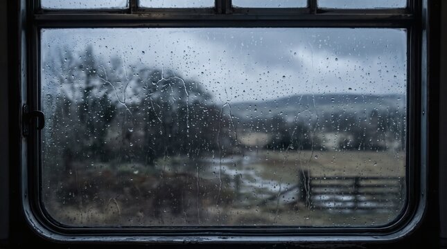 A view from a train window on a rainy day, with water droplets on the glass and a blurred landscape of trees, fields, and hills in the background.