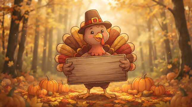 Cute cartoon turkey character pushing a basket full of autumn vegetables