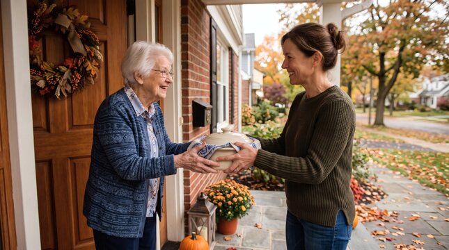 A smiling senior woman receives a warm meal in a casserole dish from a younger woman on her front porch during autumn.
