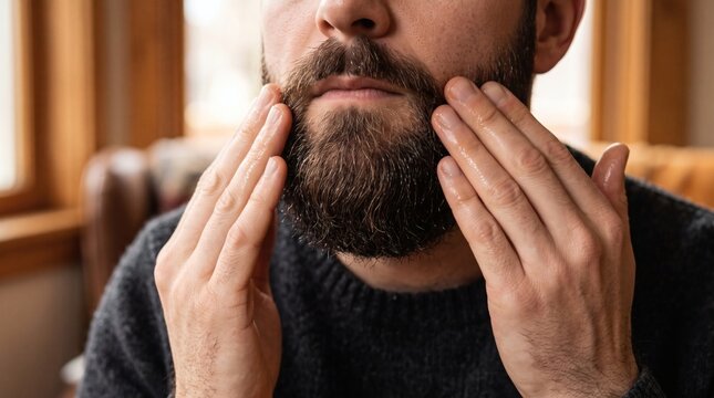 A close-up shot of a man applying beard oil to his well-groomed beard, showcasing a daily grooming routine in a natural setting.