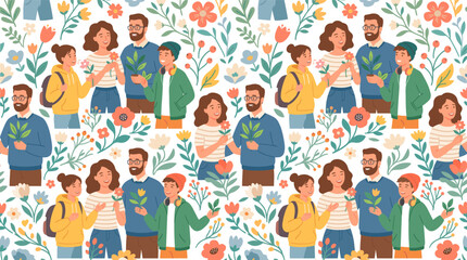 Fototapeta premium Diverse group of people enjoying nature and plants in a vibrant floral pattern background