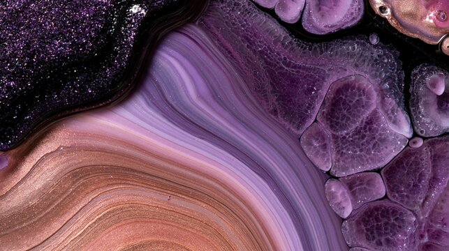 cosmic fluid art with purple and rose gold swirls