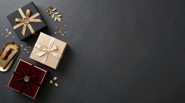 A beautifully arranged collection of gift boxes ribbons and decorative elements perfect for celebrating special occasions and conveying heartfelt sentiments during the holidays