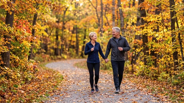 A happy mature couple walks hand in hand on a scenic path through a forest filled with vibrant autumn leaves, enjoying a healthy outdoor activity together.