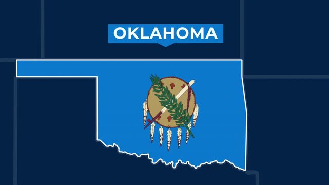 Satellite map animation of Oklahoma, USA. Blinking territory, state flag, pinned name, animated outline of the border. Concept for broadcast, social media, education.