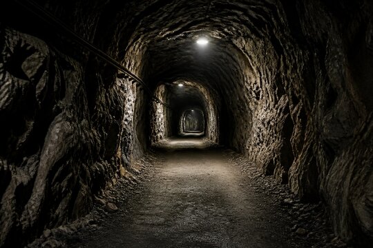 Dark tunnel stretches ahead, rough stone walls. Distant light glows, casting eerie shadows. Path leads deeper into unknown, mysterious space. Stillness fills the air, quiet and heavy with anticipation