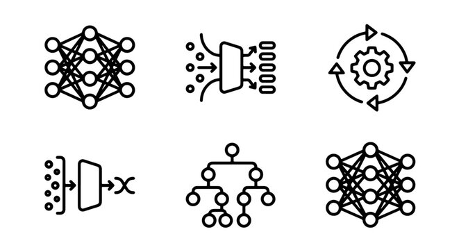 AI Neural Network Icons, Machine Learning Algorithms, Data Processing Flowcharts, Technology Concepts