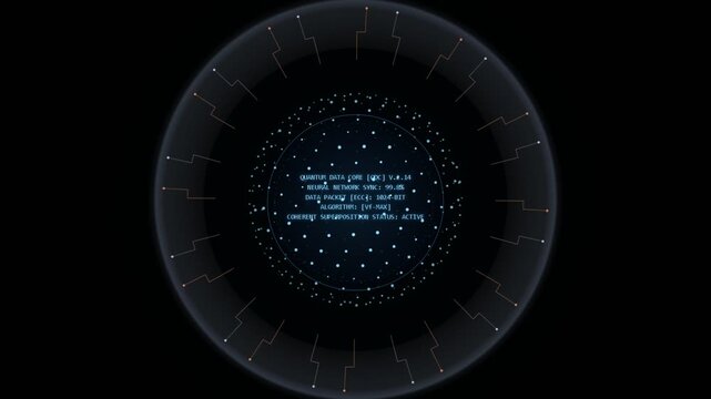 Futuristic quantum data core interface with digital neural network visualization