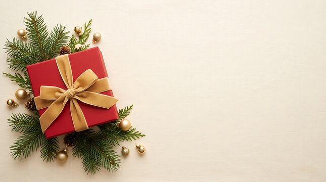 A beautifully wrapped gift box adorned with a golden ribbon and festive greenery symbolizing celebration generosity and the joy of giving during special occasions