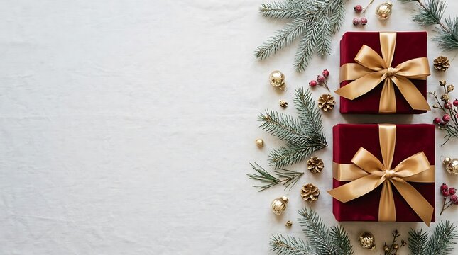 A beautifully presented pair of richly colored maroon gift boxes adorned with golden ribbons set against a softly blurred winter wonderland backdrop evokes festive cheer