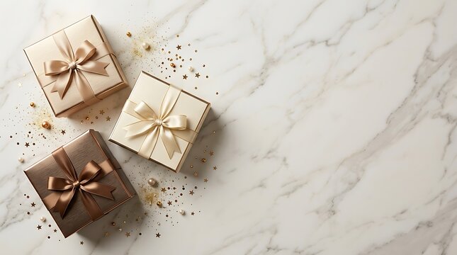 An elegant flat lay showcasing beautifully wrapped gift boxes with delicate ribbons perfect for celebrations holidays or expressing heartfelt appreciation and joy