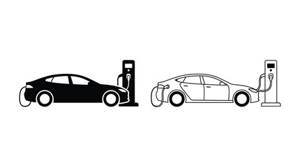 Naklejka premium Electric car charging at station black and white line art