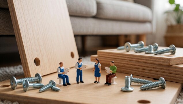 Group miniature people standing wooden surface screws scattered left side there plank hole next several differ