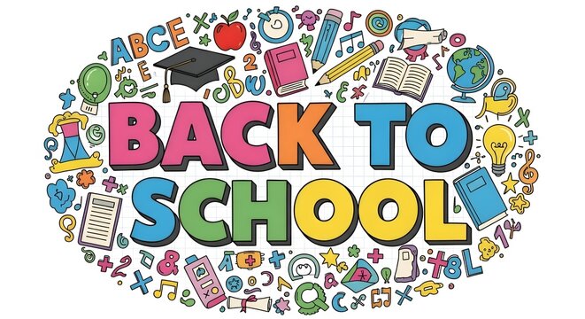 Colorful back to school typography illustration surrounded by various educational doodles including books, pencils, an apple, a globe, and a graduation cap on a white background for academic themes.