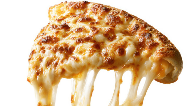 Pizza slice featuring melted mozzarella cheese pulling away from the crust against a clean transparent background.