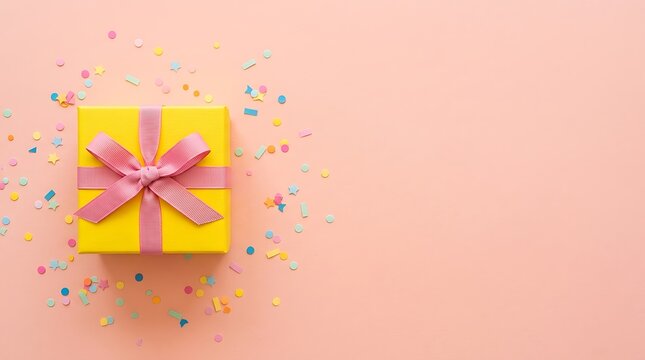 A beautifully wrapped vibrant yellow gift box with a delicate pink ribbon presented against a soft pastel pink background evoking feelings of joy and celebration