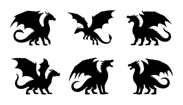 Dragon Silhouettes, Mythical Creature Vector Icons, Fantasy Beast Graphics, Black and White