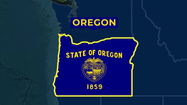 Satellite map animation of Oregon, USA. Blinking territory, state flag, pinned name, animated outline of the border. Concept for broadcast, social media, education.