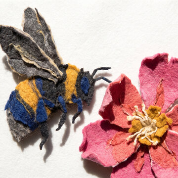 Felt bee and flower in vibrant colors on a textured background  