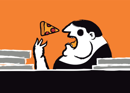 man binge eating pizza in an excessive eating scene