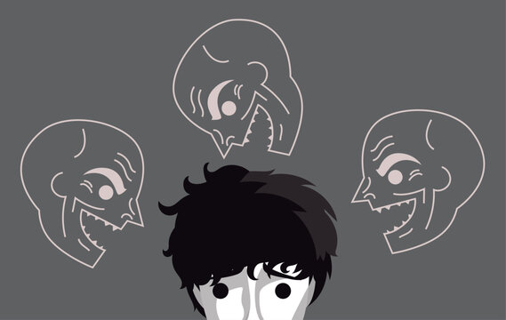 man with schizophrenia seeing a terrifying macabre faces  