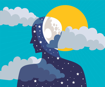 man silhouette with a night sky inside his body against a daytime sky