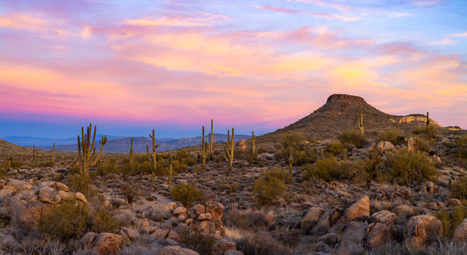 Ultra Wide & Vibrant Desert Sunrise Landscape With Butte
